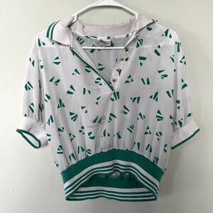 Russ Petites vintage white green golf shirt lightweight sheer collar top size S